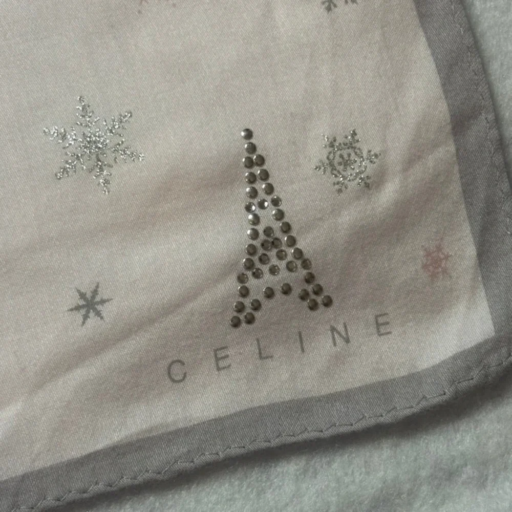 CELINE Scarf Handkerchief Snowflake Sparkle Studded Cotton Pink 23x23